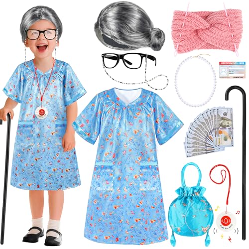 Old Lady Costume for Kids Girls, 100 Days of School Costume for Girls 100th Day of School, Granny Grandma Dress Up Nightgo...