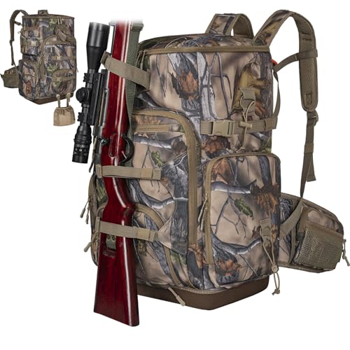 OUUTMEE Hunting Backpack with Waterproof Rain Cover, Self Standing Hard Bottom, 50L Camo Hunting Day Pack for Bow Rifle Gun