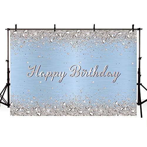 MEHOFOND 7x5ft Glitter Light Blue Birthday Party Decorations Backdrop Shinning Silver Diamond Happy Birthday Decor Photogr...