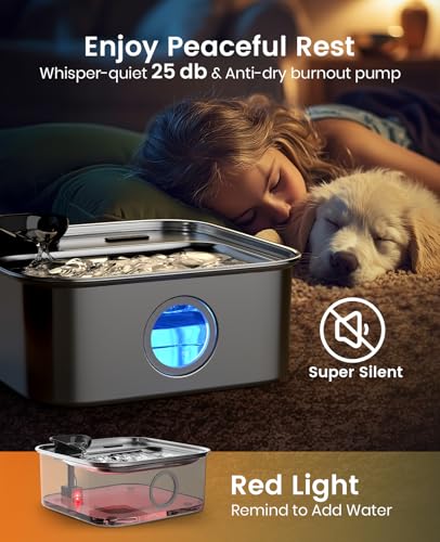 oneisall Dog Water Fountain, 2.6Gal/10L Stainless Steel Dog Water Bowl Dispenser with Deeper Drinking Aera & Washable Filt...