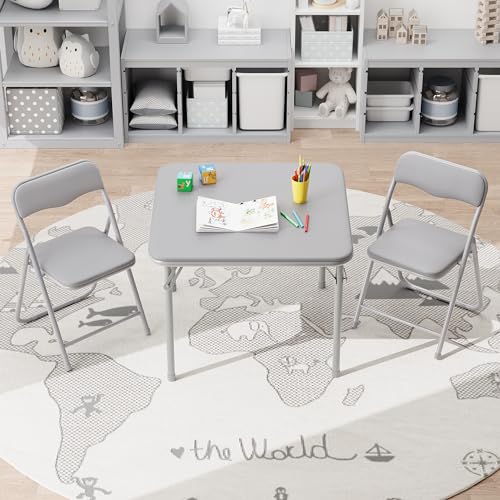 IDEALHOUSE Boys and Girls Folding Table and Chairs Set of 3, Portable Table and Chair with Pu Soft Cushion,Suitable for Ea...