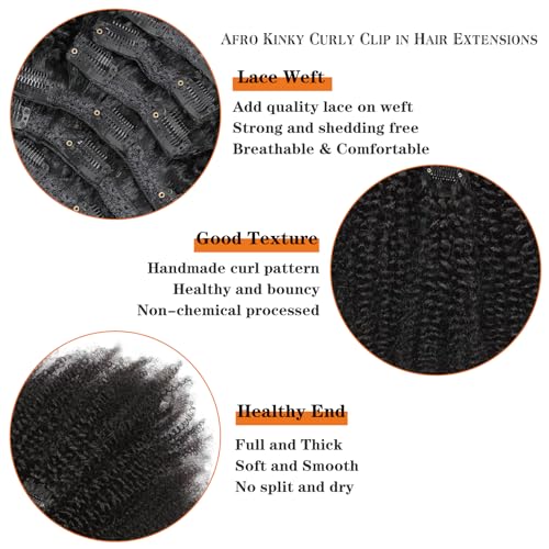 Afro Kinky Curly Clip in Hair Extensions Human Hair 4C Hair Clip in Extensions 8pcs 120g/set 10A Brazilian Virgin Natural Hair Clip Ins for Black Women Natural Black Color 24 Inch