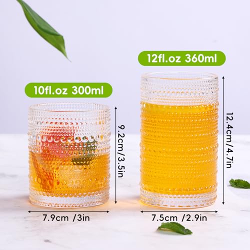 Moretoes Hobnail Drinking Glasses Set of 12, 12 Oz Highball Glasses & 10 Oz Cocktail Glasses, Clear Embossed Boho Glass Cu...