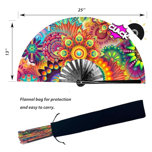YKuzLx 13‘’ UV Glow Large Rave Fan for Men Women, Decorative Folding Hand Fan for Party, Home Decoration, Gift, Music Fest...