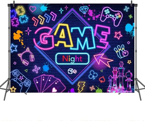 Mocsicka Game Night Backdrop Banner Glow Gaming Birthday Party Decorations for Adults Kids 7x5ft Chess Board Video Game On...
