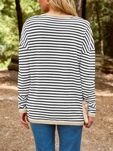 LILLUSORY Womens Striped Soft Knit Pullover Sweater Loose Fit Shirts with Chest Pocket