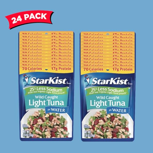 StarKist Reduced Sodium Chunk Light Tuna in Water, 2.6 oz Pouch (24 Pack) Ready to Eat Wild Caught Tuna, 17g Protein, Glut...