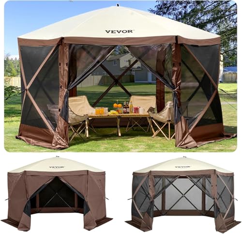 VEVOR 12 * 12ft 6 Sided Pop-up Canopy Shelter Tent with Mesh Windows, Portable Carry Bag, Stakes, Large Shade Tents for Ou...