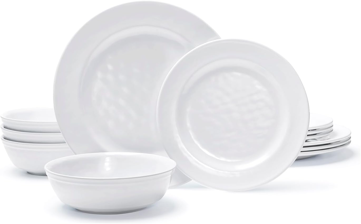 TP 12-Piece Dinnerware Set, Melamine Dishes Set with Bowls and Plates, Non-breakable and Lightweight Dinner Service for 4, White