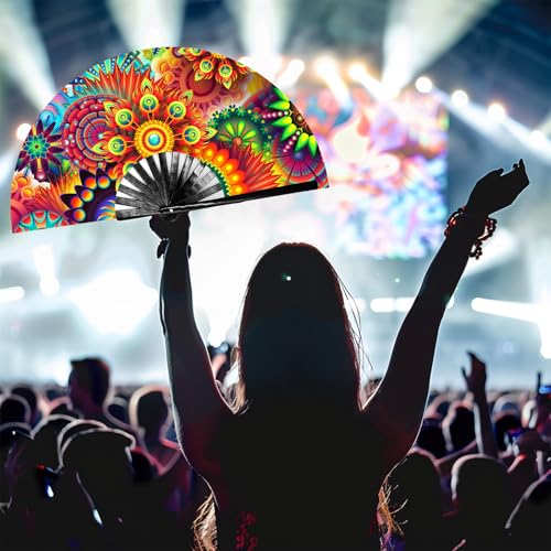 YKuzLx 13‘’ UV Glow Large Rave Fan for Men Women, Decorative Folding Hand Fan for Party, Home Decoration, Gift, Music Fest...