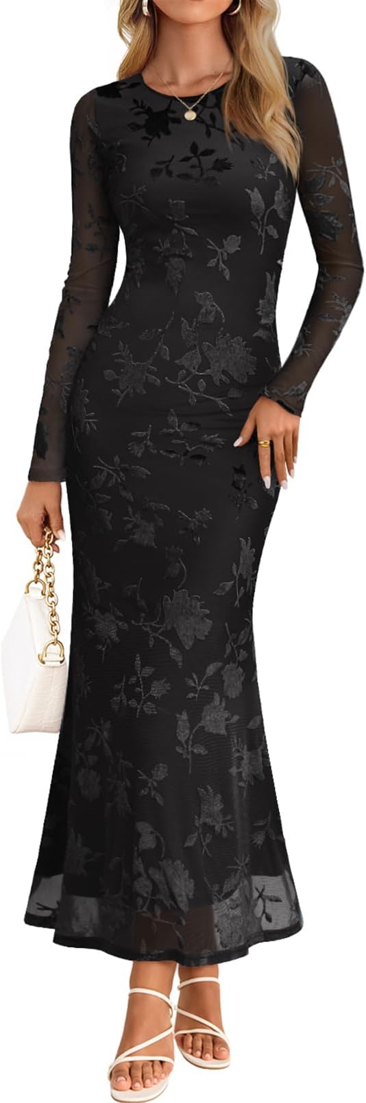MEROKEETY Women's 2026 Spring Wedding Guest Maxi Dress Long Sleeve Bodycon Floral Mesh Fall Cocktail Formal Party Dresses