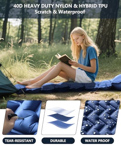 YOUXIU Camping Sleeping Pad, Extra Thickness 3'' Ultralight Inflatable Sleeping Mat with Built-in Foot Pump, Durable Compa...