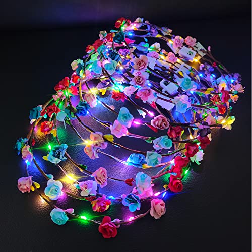 PTHTECHUS 12 Pack LED Flower Headband Crown, Halloween Glow in The Dark Party Supplies Wreath Headdress for Men Women Hair...