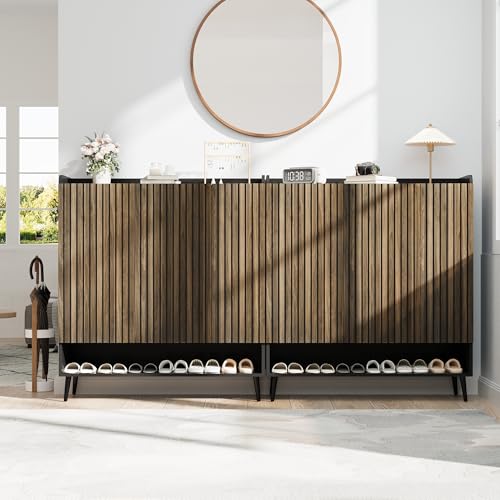 GarveeHome Shoe Cabinet，Large Shoe Cabinet with 3 Doors,Adjustable Shelves, Shoe Organizer with Doors for Hallway, Entryway, Living Room,Black+Nut-Brown
