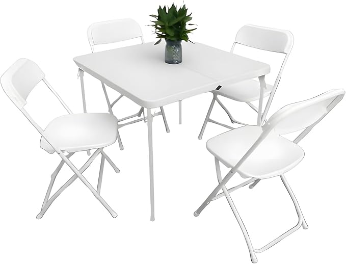 JB Tools 5-Piece Folding Table and Chair Set – Includes 34"x34" Half-Fold Card Table & 4 Plastic Folding Chairs – Compact ...