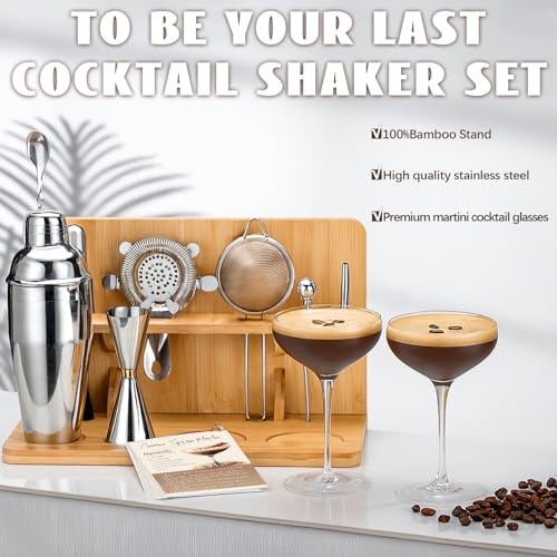 USEERIL Espresso Martini Kit Gifts Set with 2 Glasses,Mixology Bartender Kit,Cocktail Shaker Set with Bamboo Stand for Dri...