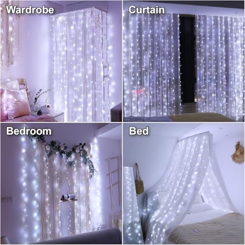 HXWEIYE 300LED Fairy Curtain Lights, 9.8x9.8Ft USB Plug-in 8 Modes Christmas String Hanging Lights with Remote for Bedroom...