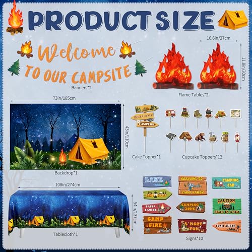 105 PCS Camping Birthday Party Decorations Kit with 3D Campfire & Forest Backdrop - Reusable Camp Theme Decor for Baby Sho...
