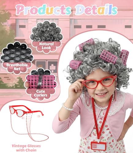 VGOFUN Old Lady Costume for Kids,100 Days of School Costume for Girls,100th Day Grandma Costume Granny Cosplay Dress Up Ou...