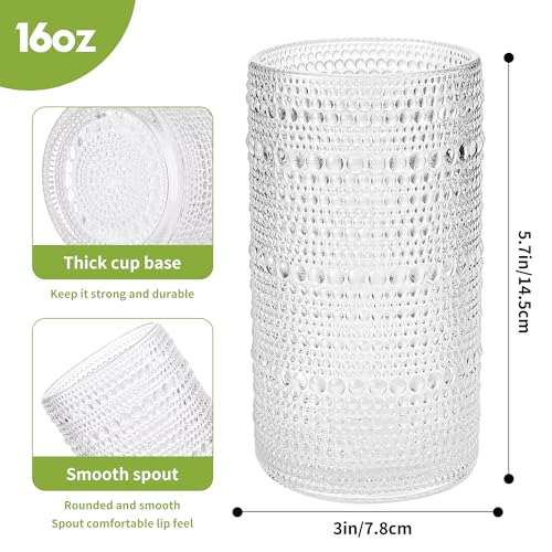 HEFBCOMK Large Vintage Hobnail Drinking Glasses Set of 6, 16oz Clear Highball Glasses Cups, Kitchen Water Glasses Cup, for...