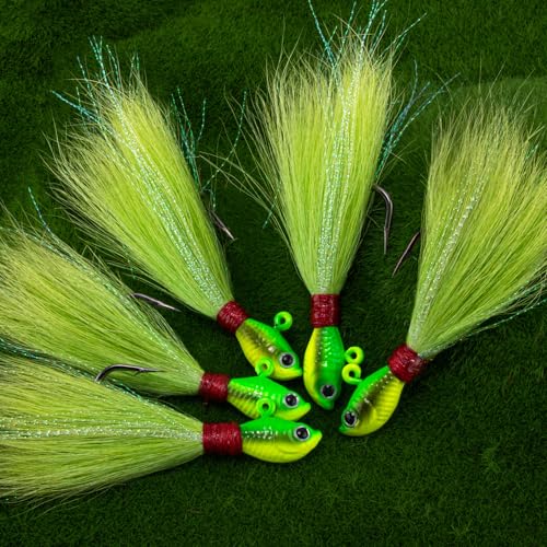 Alwonder 5-Pack Bucktail Jigs Hair Jigs Saltwater Freshwater Fishing Bucktail Lures Surf Fishing Jig Heads White Luminous ...