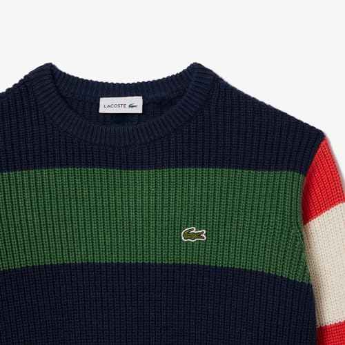 Lacoste Kid's Short Sleeve Elevated Stripe Crew Neck Sweater, Marine/ROQUETTE-LAPONIE-Sunrise, 2YR