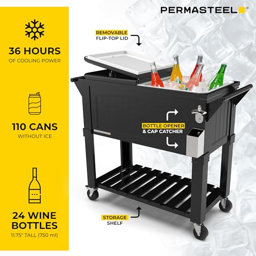 Permasteel Party Cooler with Divider, Spacious 80-Qt Capacity, Chills 36hrs, Serving Tray, Rolling Ice Chest for Indoor an...