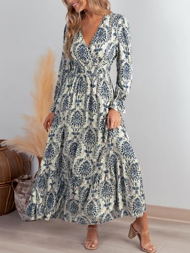 CUPSHE Maxi Dresses for Women V Neck Ruffled Long Sleeve Paisley Smocked Waist A Line Casual Flowy Fall Wedding Guest Dress
