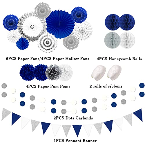 Blue and Sliver Party Decorations, 23Pcs Blue Birthday Decorations with Hanging Paper Fans, Pom Poms Flowers Packs for Gra...