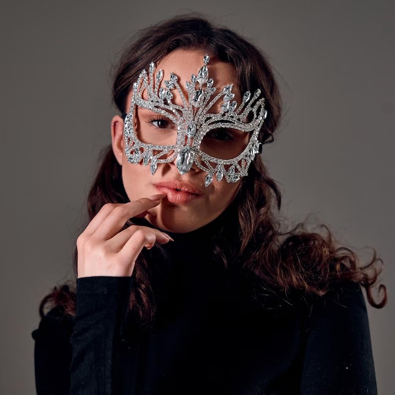 STONEFANS Rhinestone Masquerade Mask Full Face Jewelry for Women Mardi Gras Mask Crystal Face Chain Jewelry