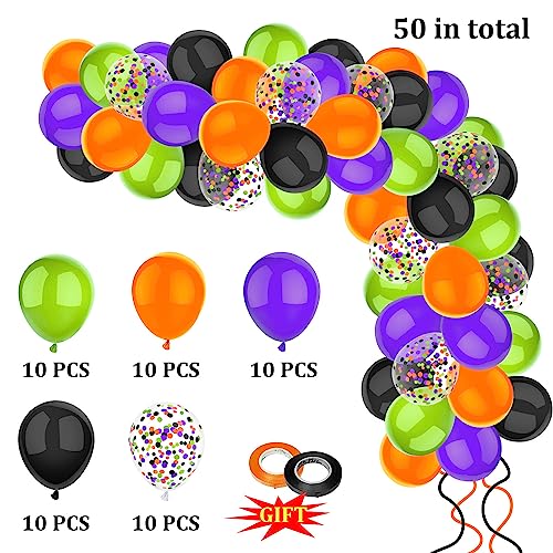 PheiLa 50 Pcs 12 Inch Halloween Balloons Orange Black Purple Green Confetti Balloons for Halloween Trick or Treat Party Sp...