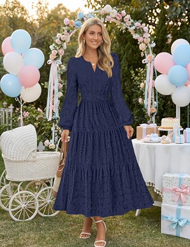 MEROKEETY Women's Fall Long Sleeve Floral Maxi Dress Lace Eyelet Hollow Out Tiered Boho Wedding Guest Dresses Pockets