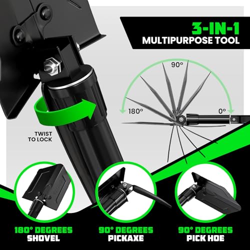 RHINO USA Folding Survival Shovel w/Pick - Heavy Duty Carbon Steel Military Style Entrenching Tool for Off Road, Camping, ...