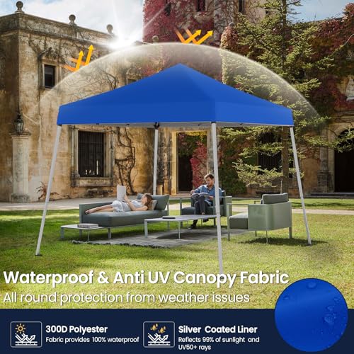 PHONWHON 10x10 Pop Up Canopy, 300D Silver Coated Blue Fabric Outdoor Gazebo, Beach Tent Slant Legs with Storage Bag,Easy U...