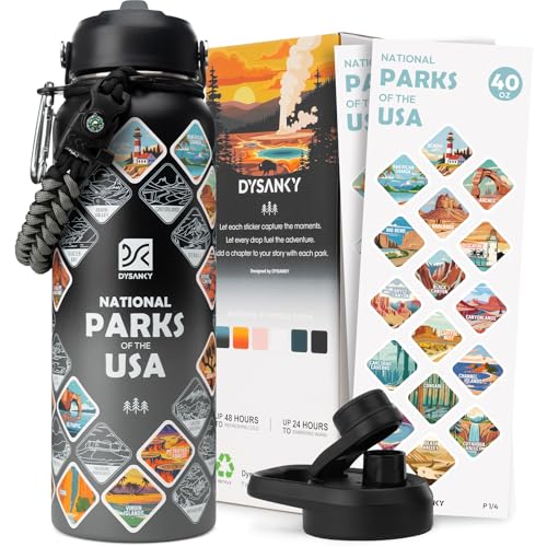 DYSANKY National Parks Water Bottle – 40 oz Insulated Stainless Steel Water Jug with 67 Park Stickers, Outdoor Accessories...