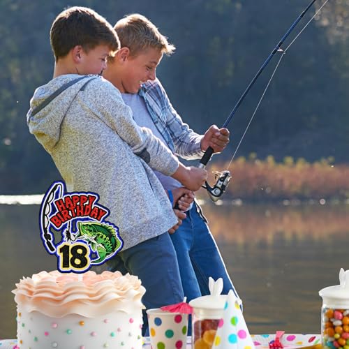 Fishing Cake Topper 18th Birthday Happy Bass Big Fish Decorations, Lake Adventure Fishing Rod Theme Birthday Party for Men...