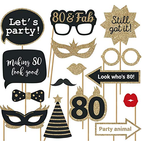 Fully Assembled 80th Birthday Photo Booth Props - Set of 30 - Black & Gold Selfie Signs - 80th Party Supplies & Decoration...