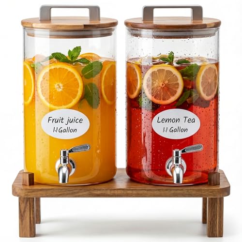 MerryNine 2PCS 1.1 Gallon Glass Drink Dispensers for Parties with Wood Stand, Punch Borosilicate Glass Beverage Dispenser,...