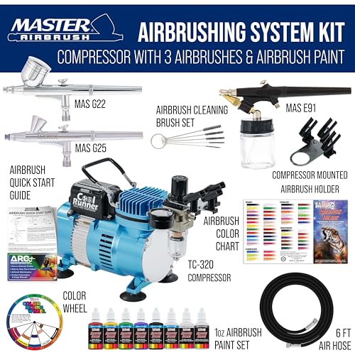 Master Airbrush Cool Runner II Air Brush Kit with Air Compressor Dual Fan, 3 Airbrushes, 6 Color Acrylic Paint Set, Hose, ...