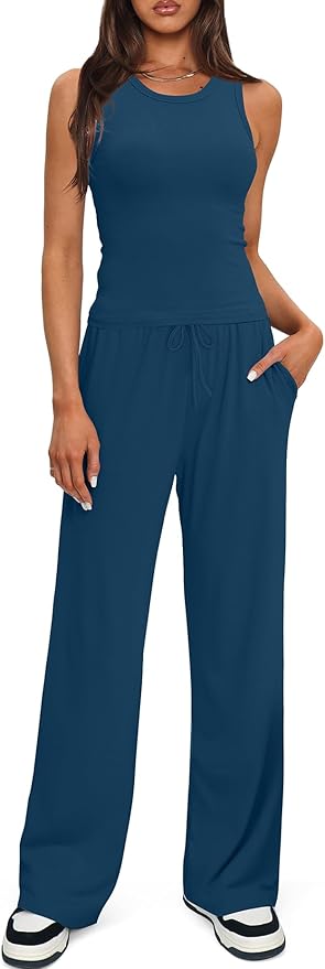 Darong Women's 2 Piece Outfits Lounge Sets Sleeveless Tank Tops Wide Leg Pants Sets Tracksuits Match Sets