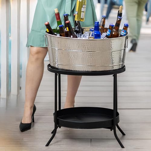 BREKX Aspen Hammered Stainless-Steel Beverage Tub, Ice and Drink Bucket with Metal Stand, 25-Quart for Parties