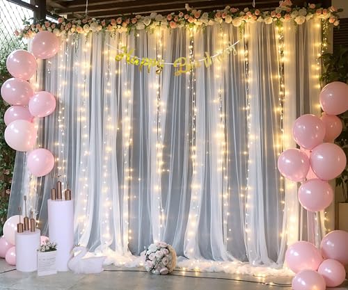 10ft x 10ft White Tulle Backdrop Curtain with Lights String for Parties Wedding Bridal Shower Sheer White Curtain Backdrop...