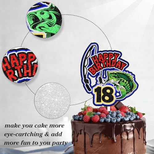 Fishing Cake Topper 18th Birthday Happy Bass Big Fish Decorations, Lake Adventure Fishing Rod Theme Birthday Party for Men...