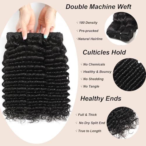 12A Human Hair Bundles with Closure-Deep Wave Bundles 12 14 16+12 Inch 5x5 HD Lace Closure Wet and Wavy, Water Wave 100% Brazilian Virgin Deep Curly 3 Bundles Human Hair Quick Weave Bundles for Women