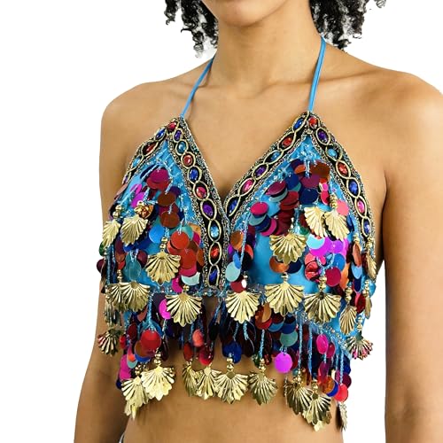 Wuchieal Sequin Halter Bra Tops Salsa Belly Dance Boho Festival Clubbing Tribal Bra Gold Shell Top