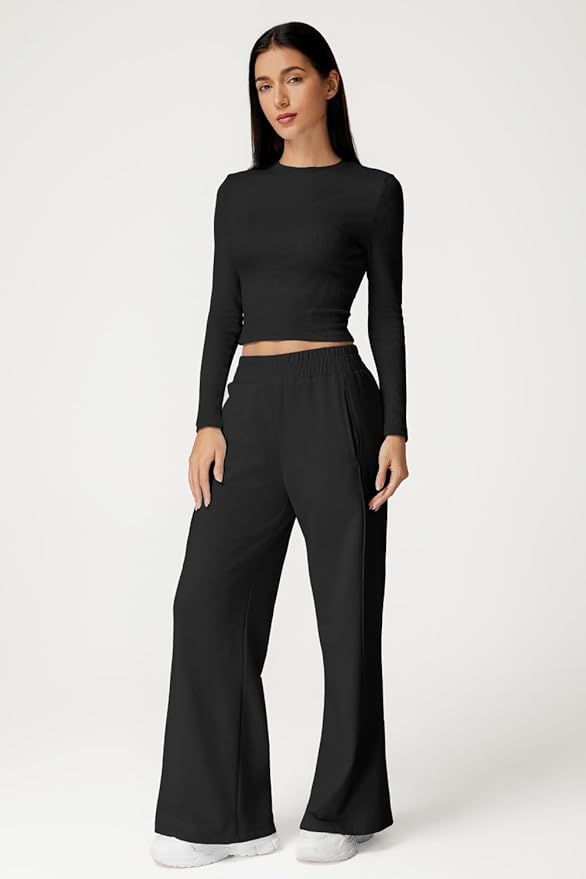 QINSEN Womens 2 Piece Sets Long Sleeve Slim Fit Crop Tops Wide Leg Pants Matching Lounge Set