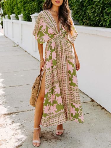 Quatrefox Womens V Neck Flutter Sleeve Boho Midi Dress Summer Wedding Guest Beach Party Long Dresses