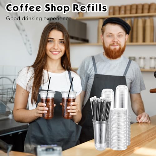 Ziliny 50 Set 20 oz Clear Plastic Cups with Lids and Straws, Disposable Iced Coffee PET Cups for Drinking Cold Beverage Ju...