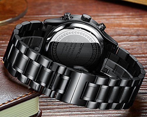 CRRJU Men's Black Watch Fashion Business Chronograph Quartz Wristwatches,Luxury Stainsteel Steel Band 3ATM Waterproof Watch for Men