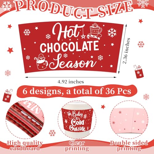 Vesici 36 Sets Christmas Hot Cocoa Coffee Cup with Lids and Sleeves 12oz Christmas Disposable Paper Cup Hot Cocoa Chocolat...